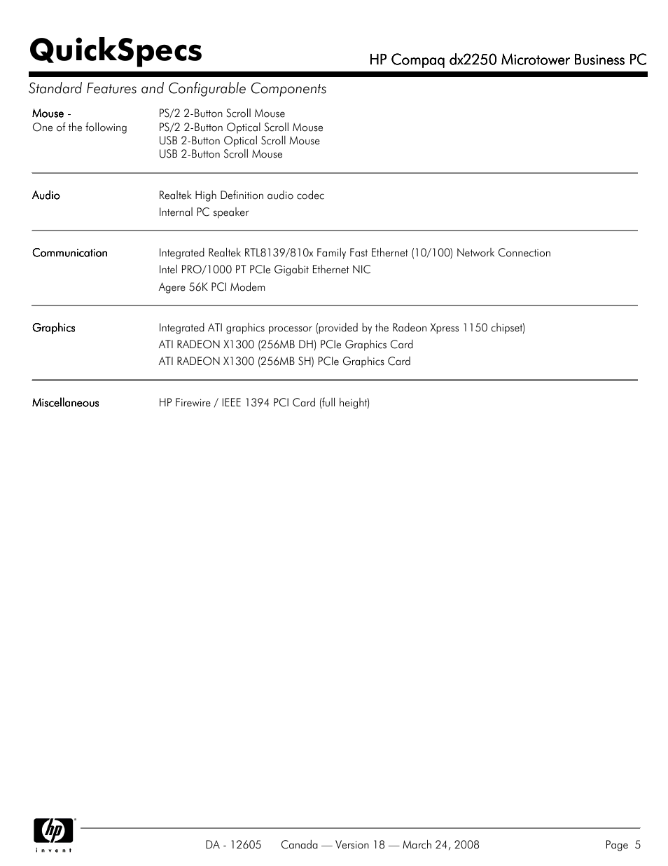 Quickspecs, Hp compaq dx2250 microtower business pc | HP DX2250 User Manual | Page 5 / 36