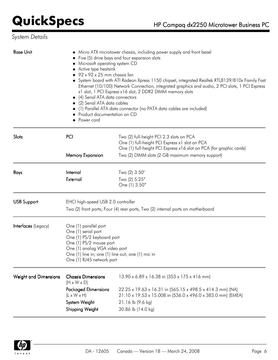 System details, Quickspecs, Hp compaq dx2250 microtower business pc | HP DX2250 User Manual | Page 6 / 36