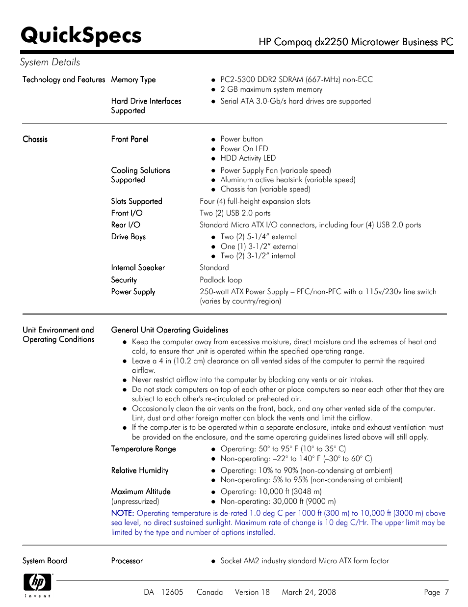 Quickspecs, Hp compaq dx2250 microtower business pc | HP DX2250 User Manual | Page 7 / 36