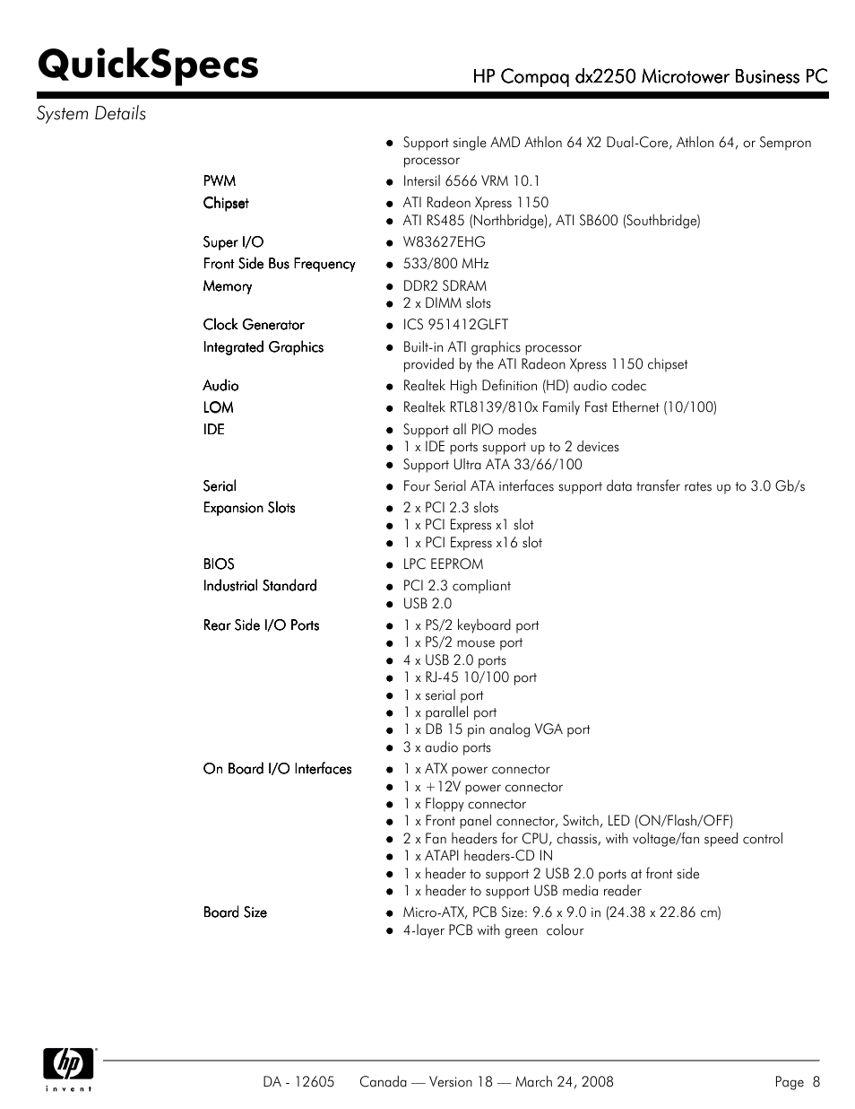 Quickspecs, Hp compaq dx2250 microtower business pc | HP DX2250 User Manual | Page 8 / 36