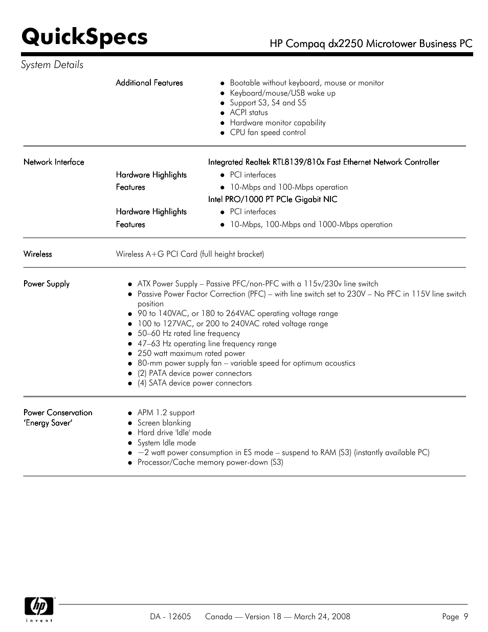 Quickspecs, Hp compaq dx2250 microtower business pc | HP DX2250 User Manual | Page 9 / 36