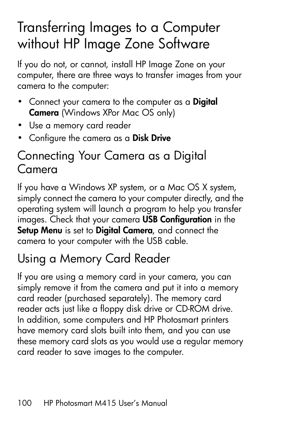 Connecting your camera as a digital camera, Using a memory card reader, Transferring images to a computer | Without hp image zone software, Connecting your camera as a, Digital camera, Using a memory card reader on | HP M415 User Manual | Page 100 / 178