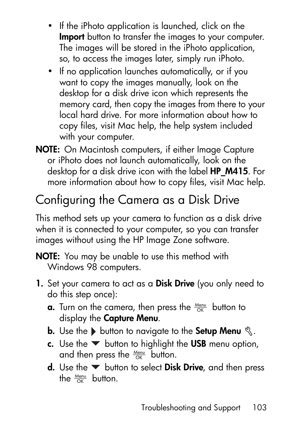 Configuring the camera as a disk drive, Configuring the camera as a, Disk drive | HP M415 User Manual | Page 103 / 178