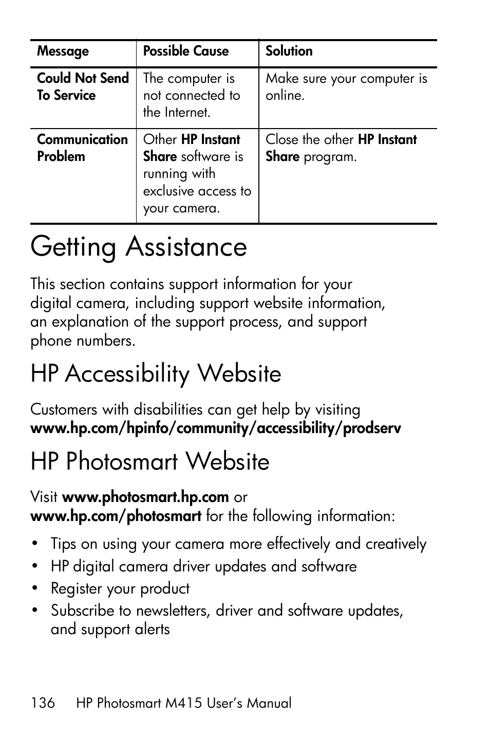 Getting assistance, Hp accessibility website, Hp photosmart website | HP M415 User Manual | Page 136 / 178