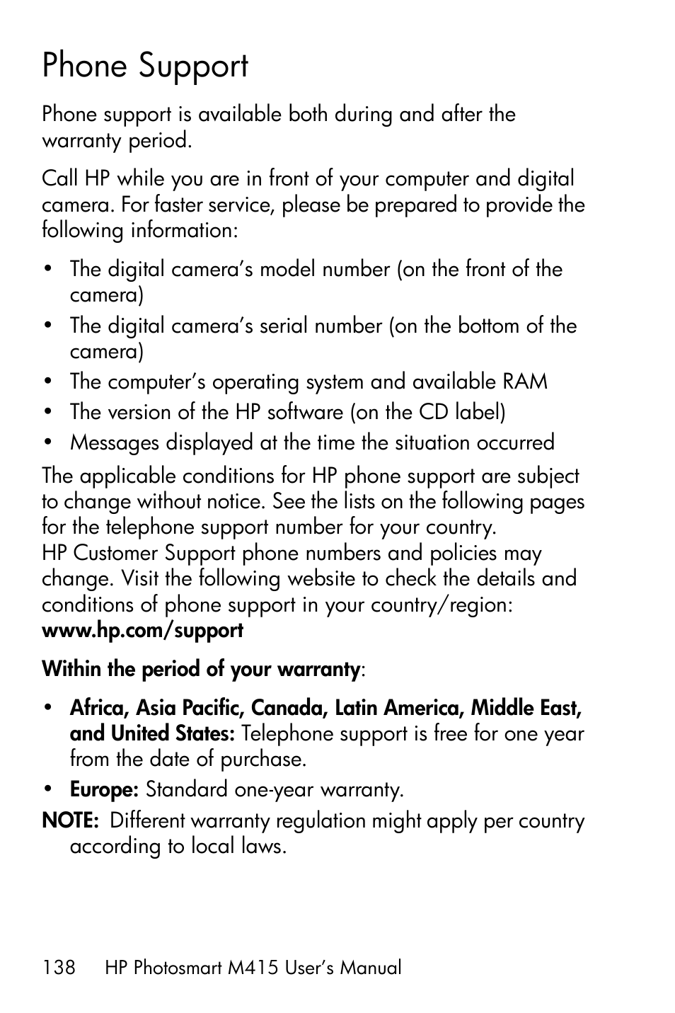 Phone support | HP M415 User Manual | Page 138 / 178