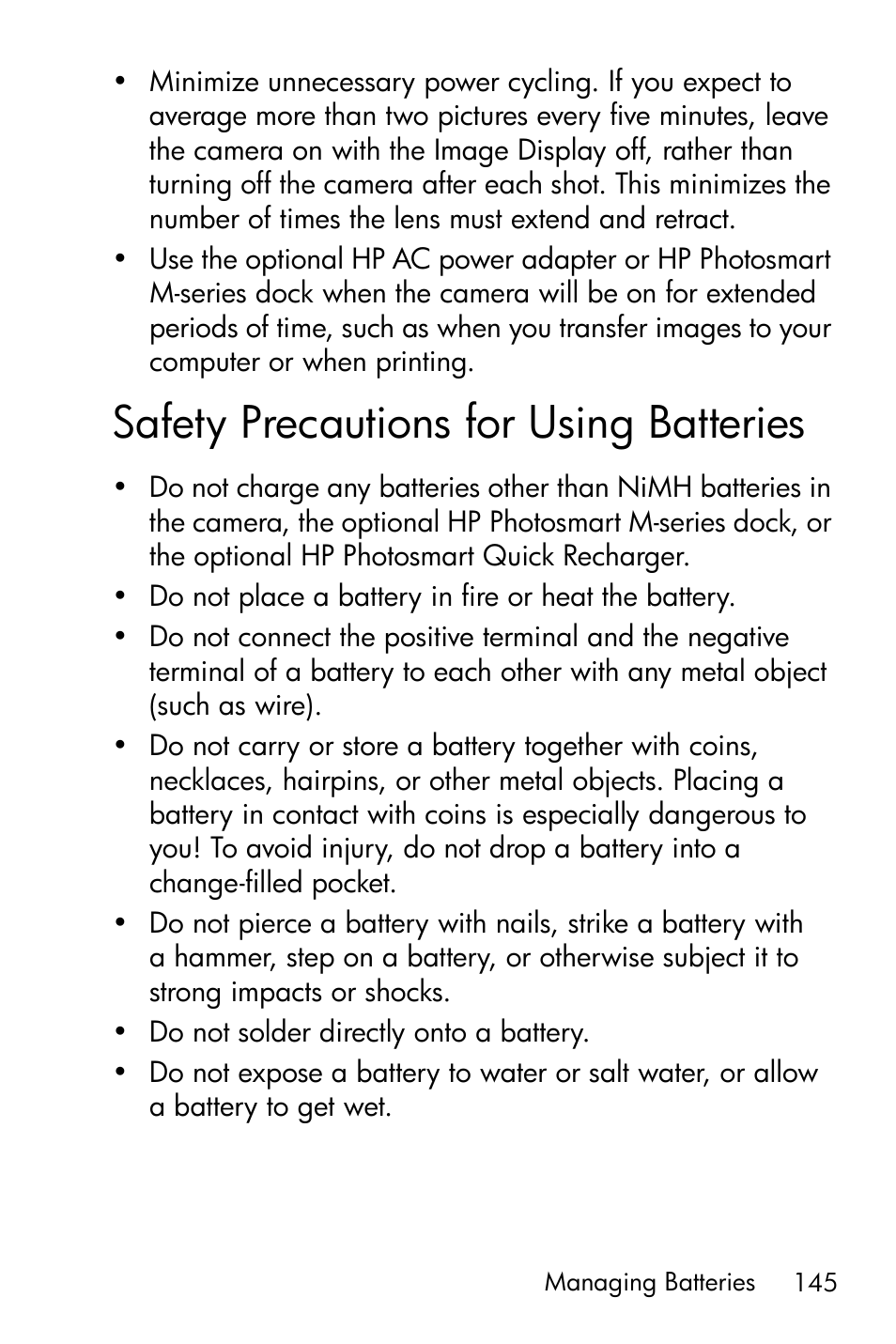 Safety precautions for using batteries | HP M415 User Manual | Page 145 / 178