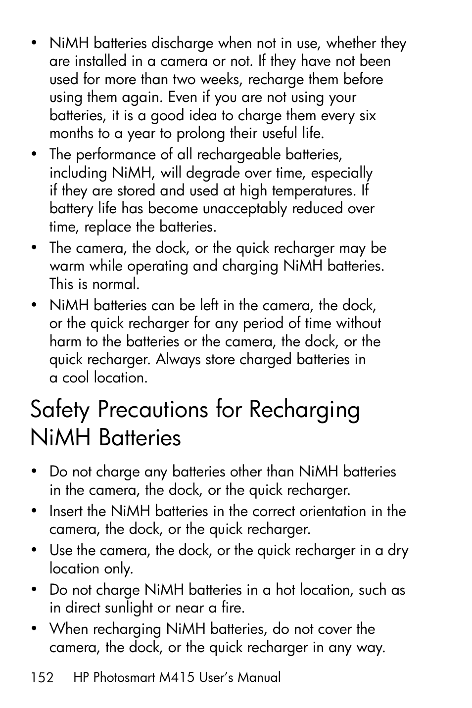 Safety precautions for recharging nimh batteries, Safety precautions for recharging, Nimh batteries | HP M415 User Manual | Page 152 / 178