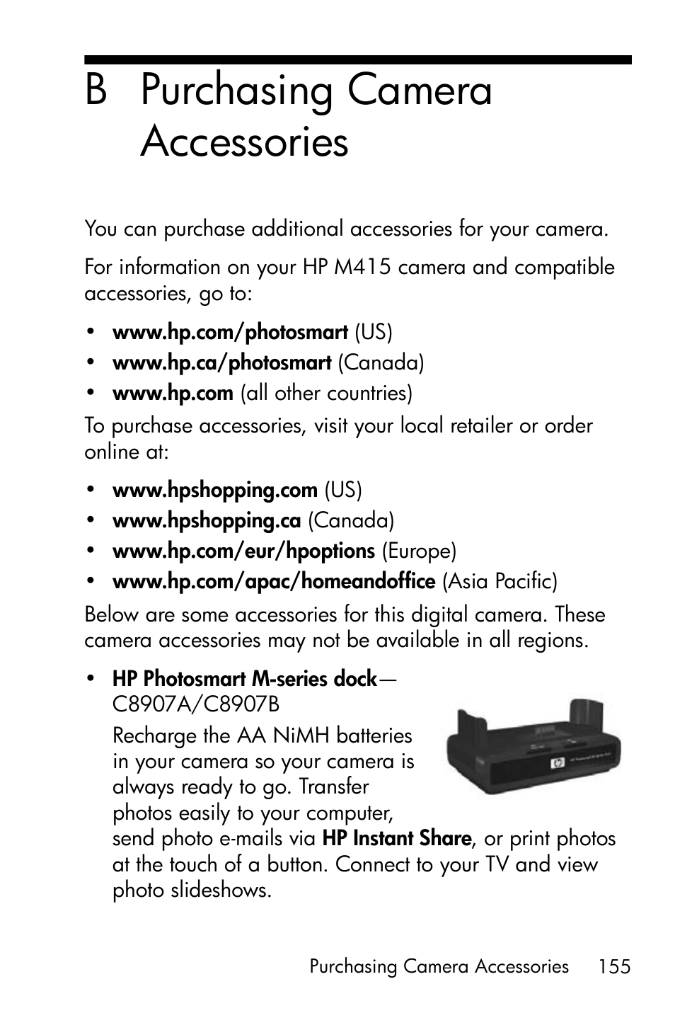 Purchasing camera accessories, Appendix b, B purchasing camera accessories | HP M415 User Manual | Page 155 / 178