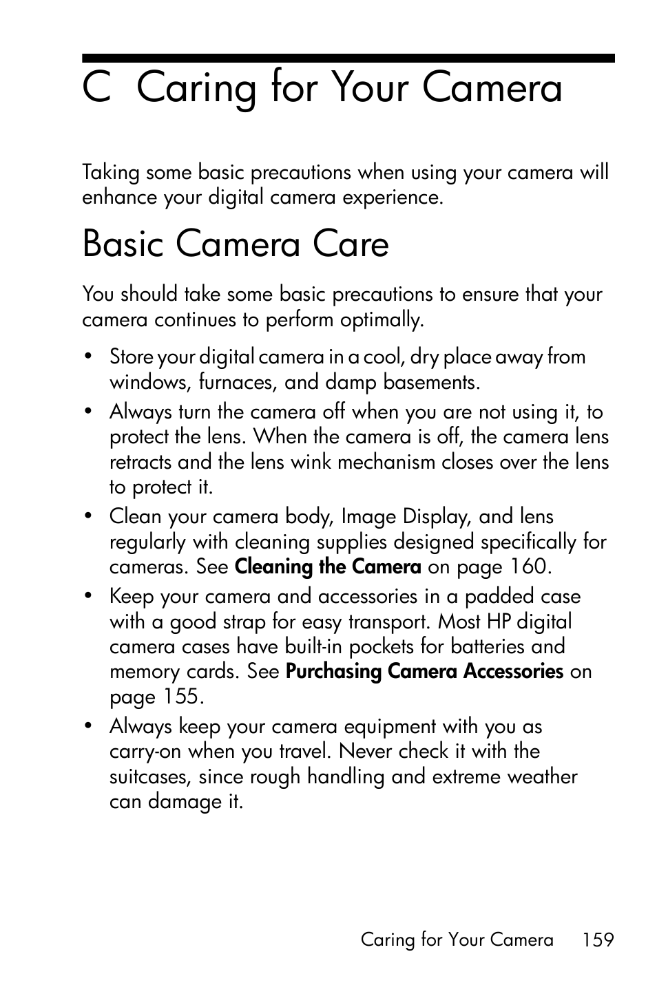 Caring for your camera, Basic camera care, C caring for your camera | HP M415 User Manual | Page 159 / 178