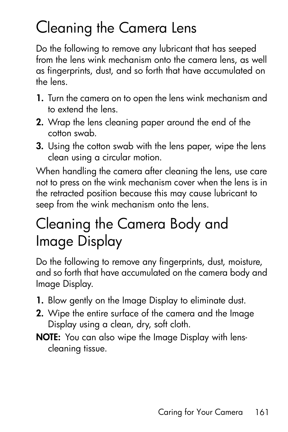 Cleaning the camera lens, Cleaning the camera body and image display, Cleaning the camera body and | Image display, Leaning the camera lens | HP M415 User Manual | Page 161 / 178