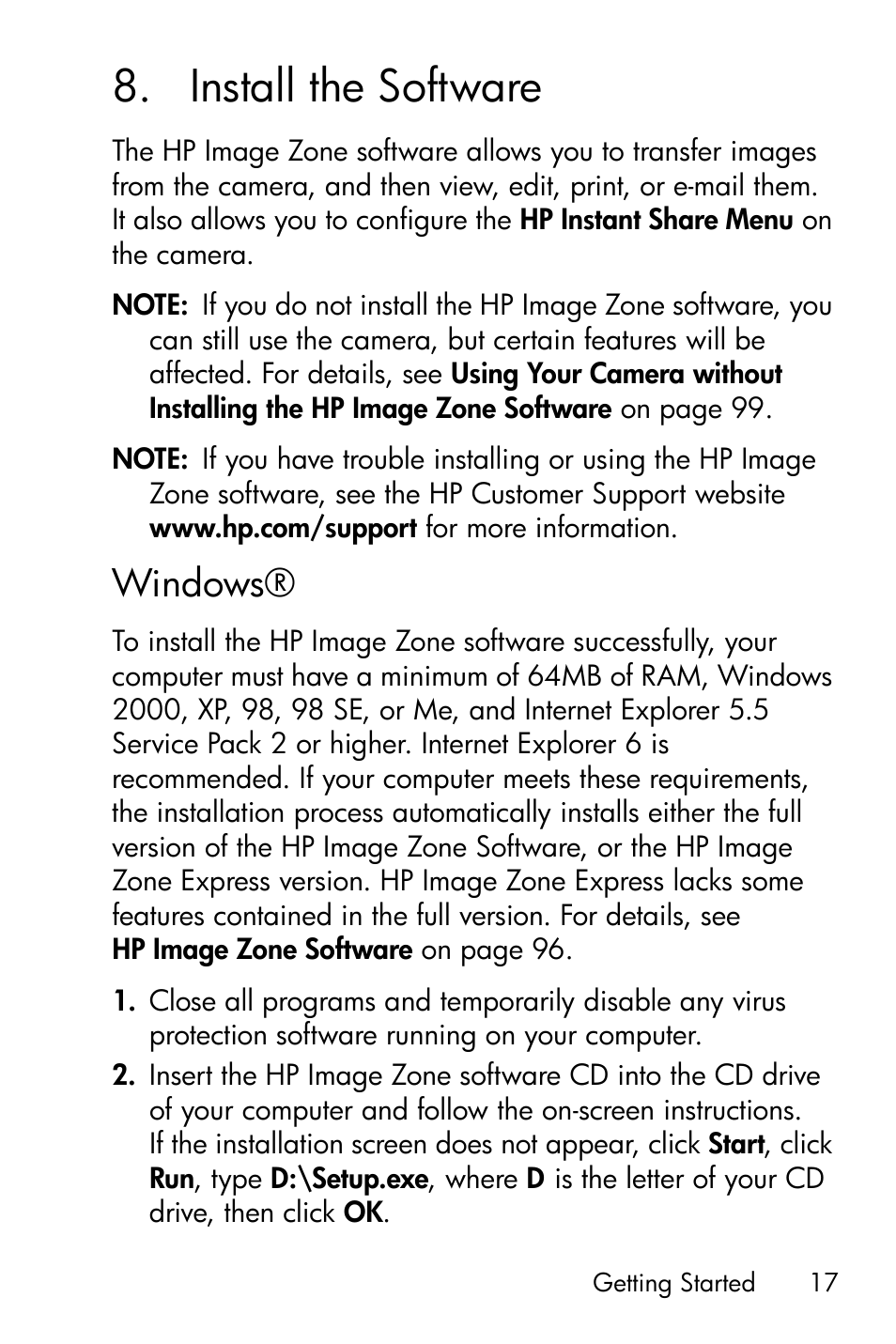Install the software, Windows, 8 install the software | HP M415 User Manual | Page 17 / 178