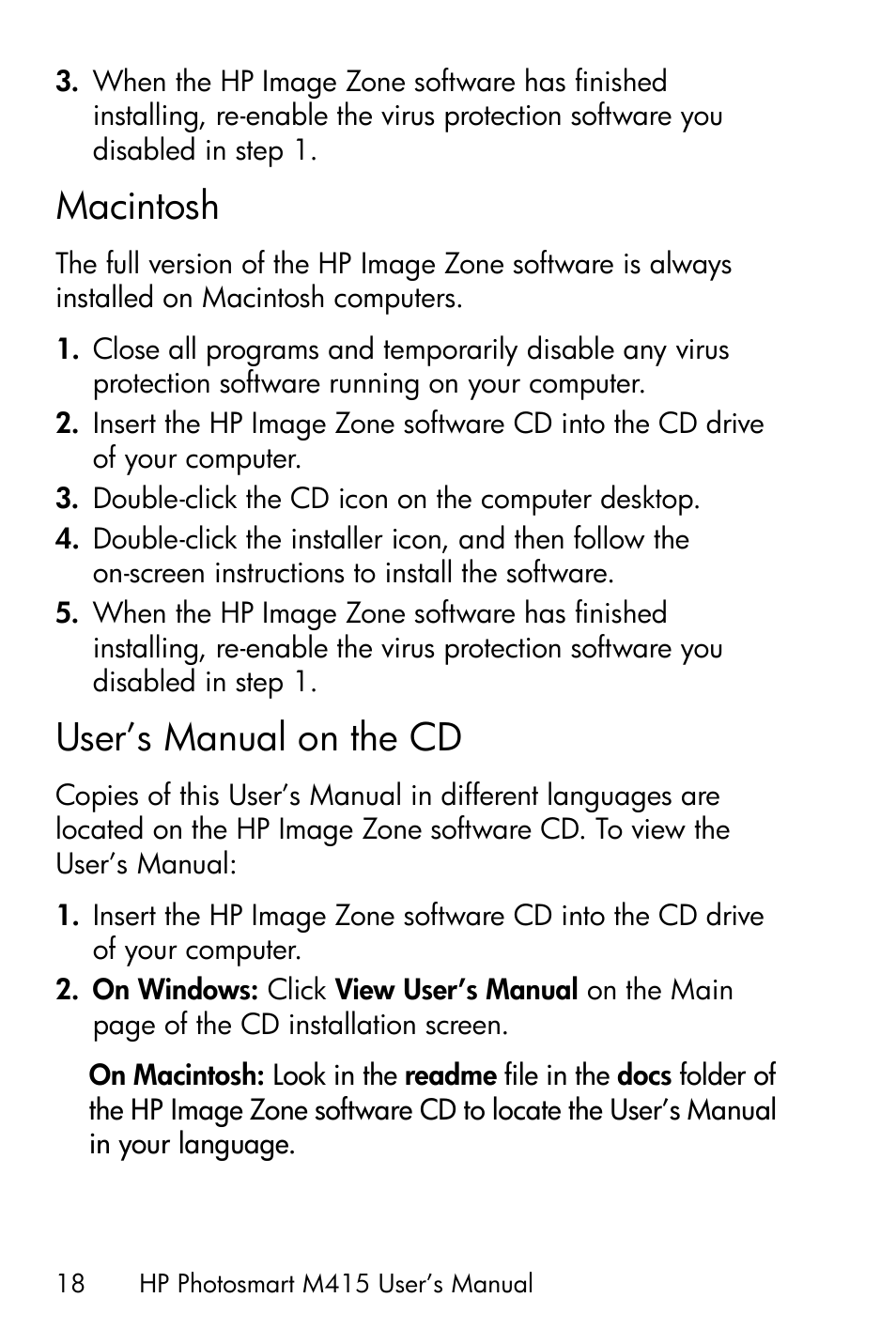 Macintosh, User’s manual on the cd | HP M415 User Manual | Page 18 / 178