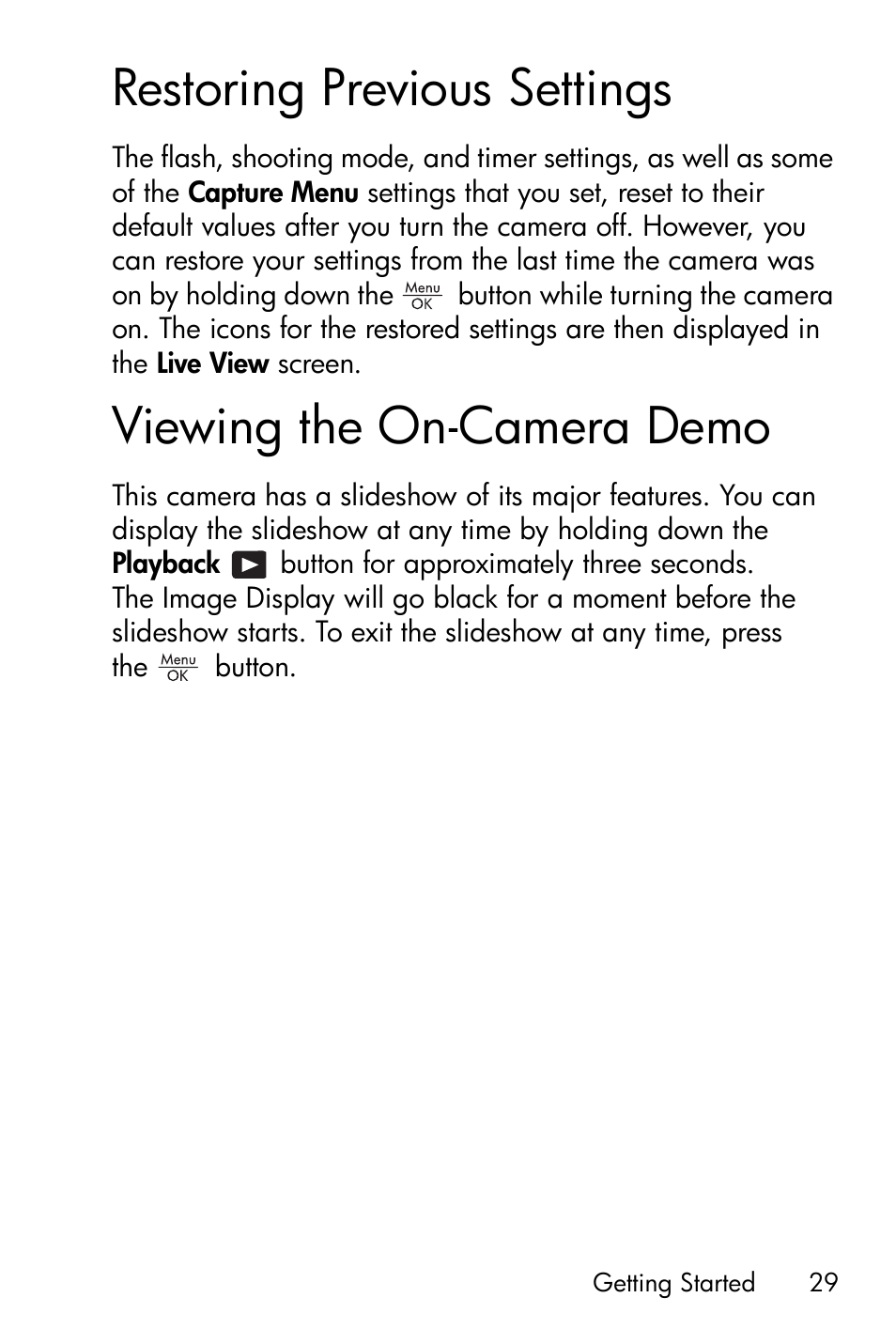 Restoring previous settings, Viewing the on-camera demo | HP M415 User Manual | Page 29 / 178