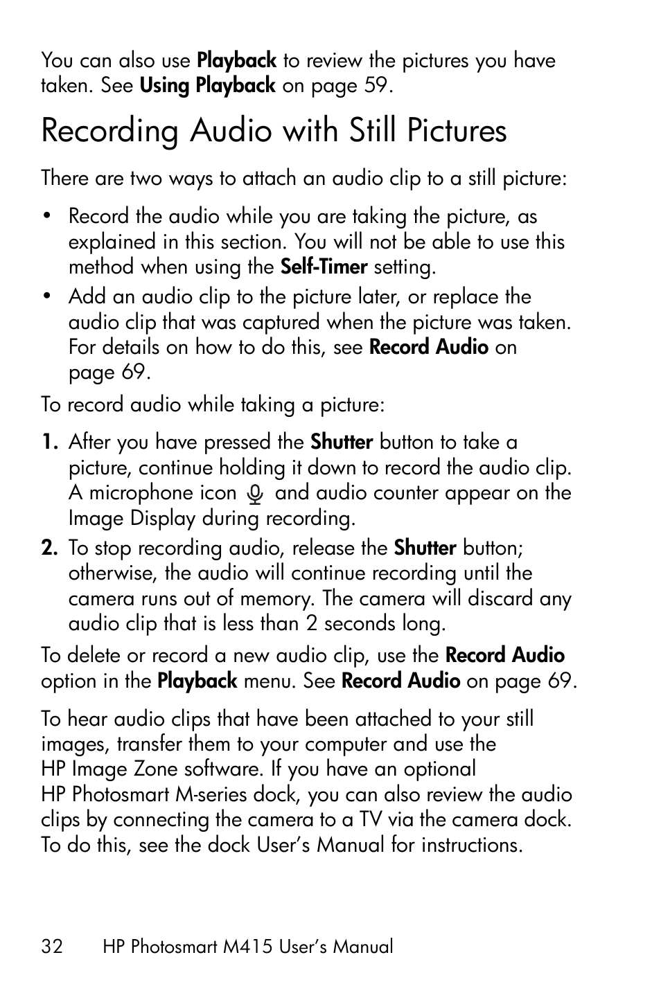 Recording audio with still pictures | HP M415 User Manual | Page 32 / 178
