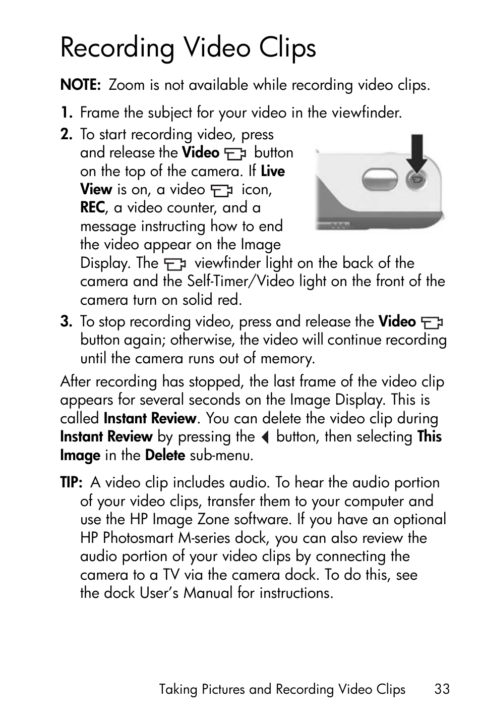 Recording video clips | HP M415 User Manual | Page 33 / 178