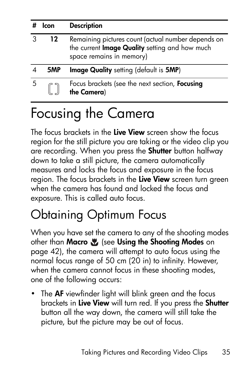 Focusing the camera, Obtaining optimum focus | HP M415 User Manual | Page 35 / 178