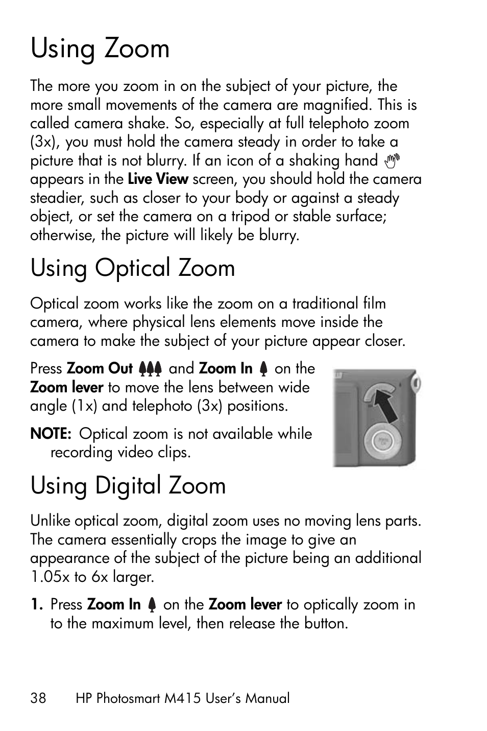 Using zoom, Using optical zoom, Using digital zoom | HP M415 User Manual | Page 38 / 178