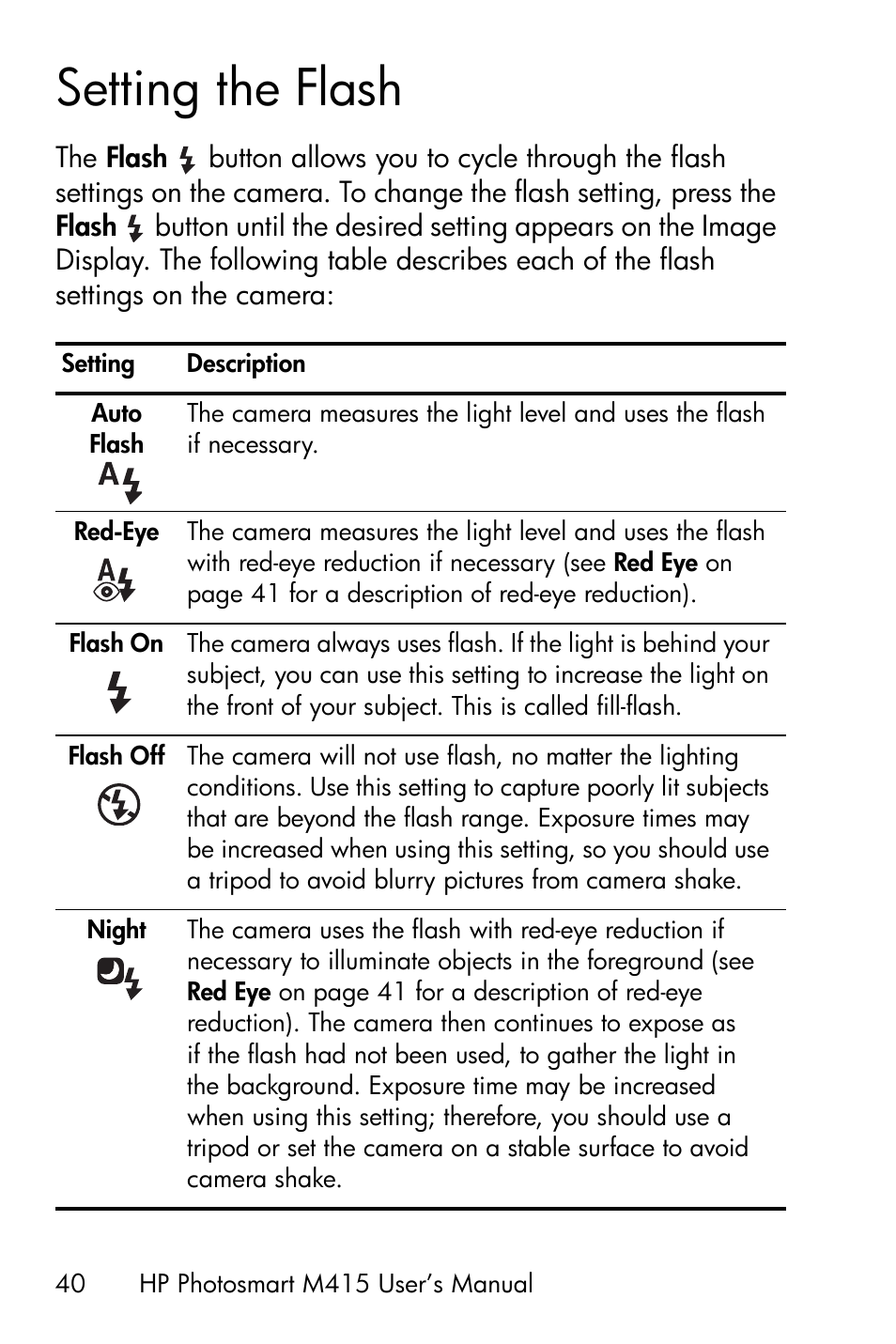 Setting the flash | HP M415 User Manual | Page 40 / 178