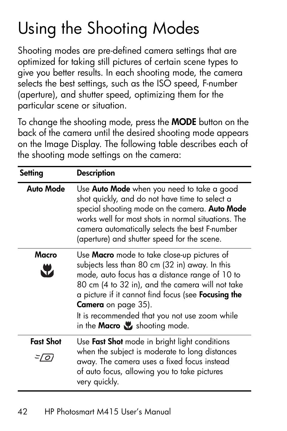 Using the shooting modes, Ng mode (see using the shooting, Using the shooting modes on | HP M415 User Manual | Page 42 / 178