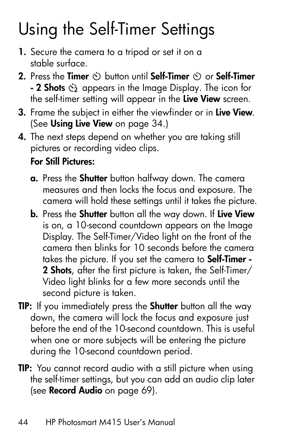 Using the self-timer settings | HP M415 User Manual | Page 44 / 178