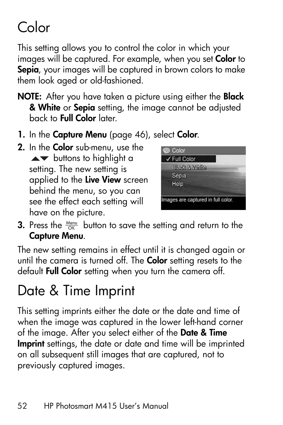 Color, Date & time imprint | HP M415 User Manual | Page 52 / 178