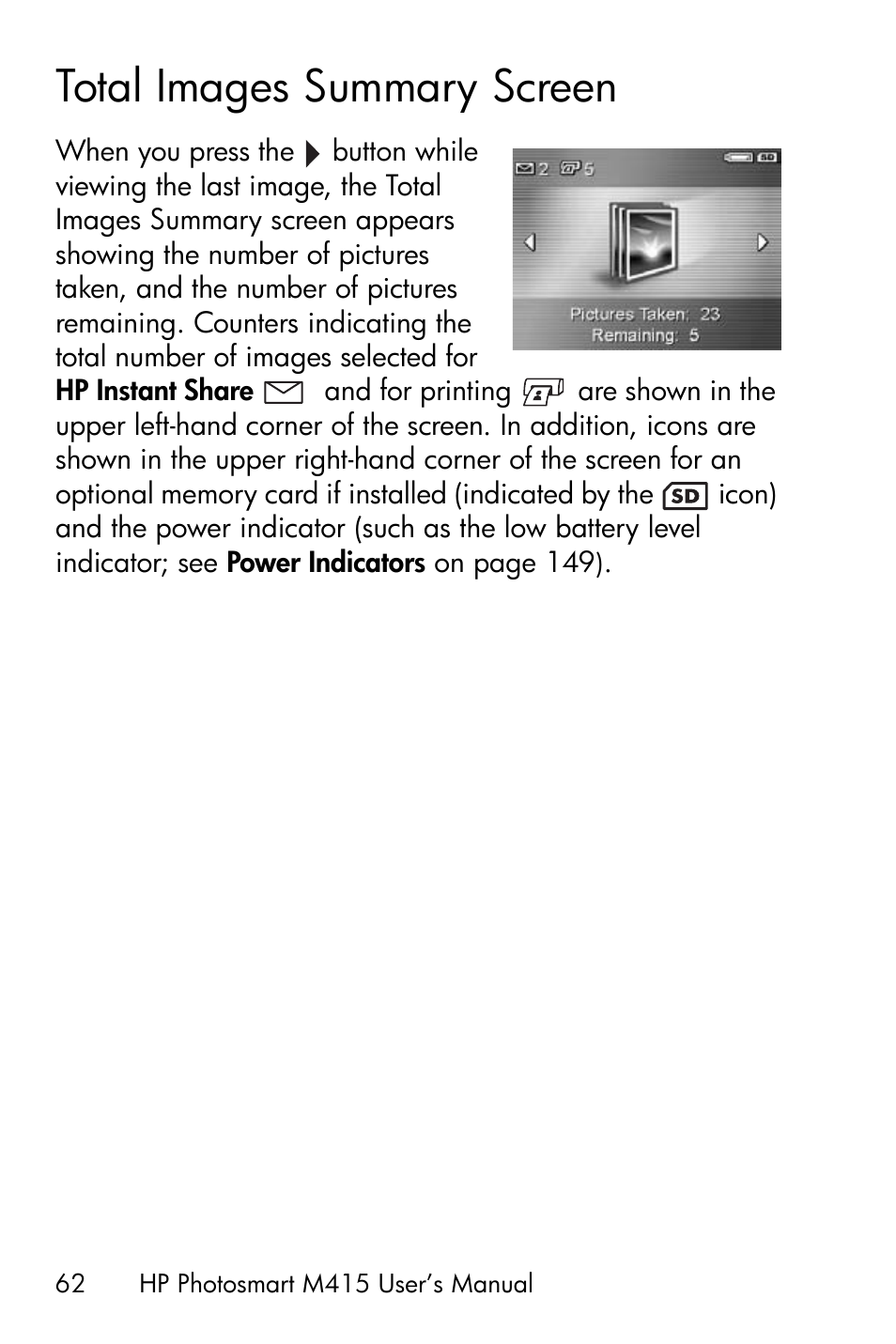 Total images summary screen, Total images summary | HP M415 User Manual | Page 62 / 178
