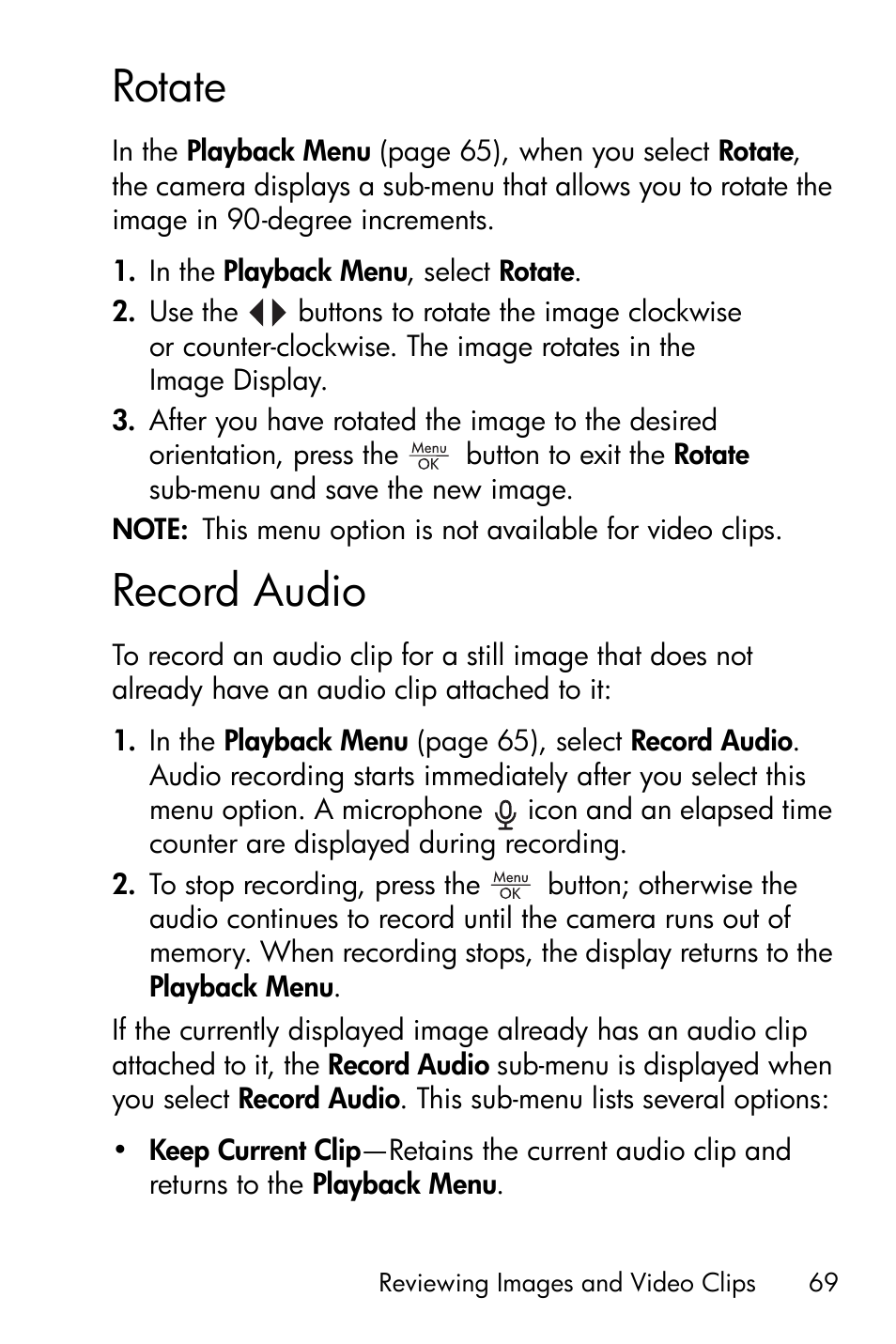 Rotate, Record audio, Record audio on | See rotate | HP M415 User Manual | Page 69 / 178