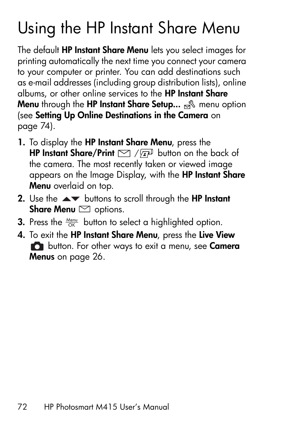 Using the hp instant share menu, Using the hp instant share | HP M415 User Manual | Page 72 / 178