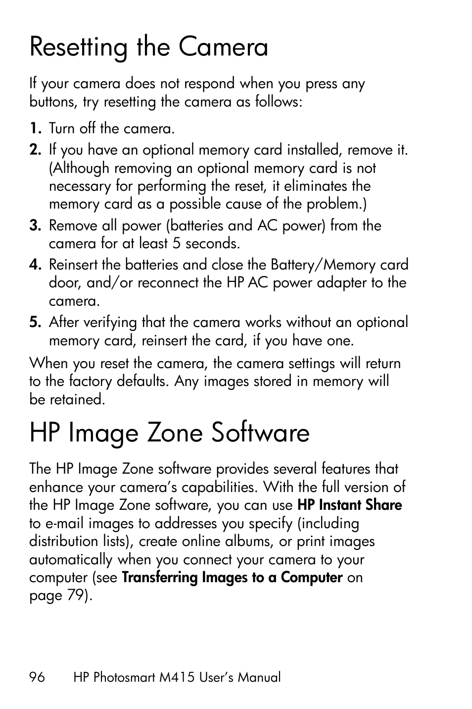 Resetting the camera, Hp image zone software | HP M415 User Manual | Page 96 / 178