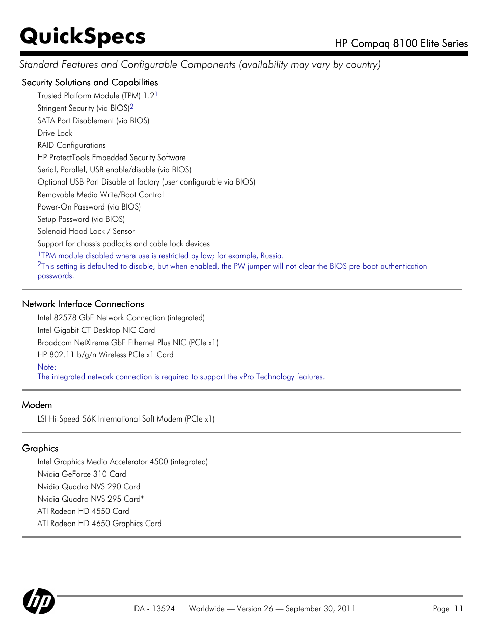 Quickspecs | HP COMPAQ 8100 User Manual | Page 11 / 65