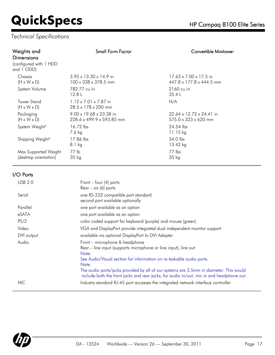 Technical specifications, Quickspecs | HP COMPAQ 8100 User Manual | Page 17 / 65