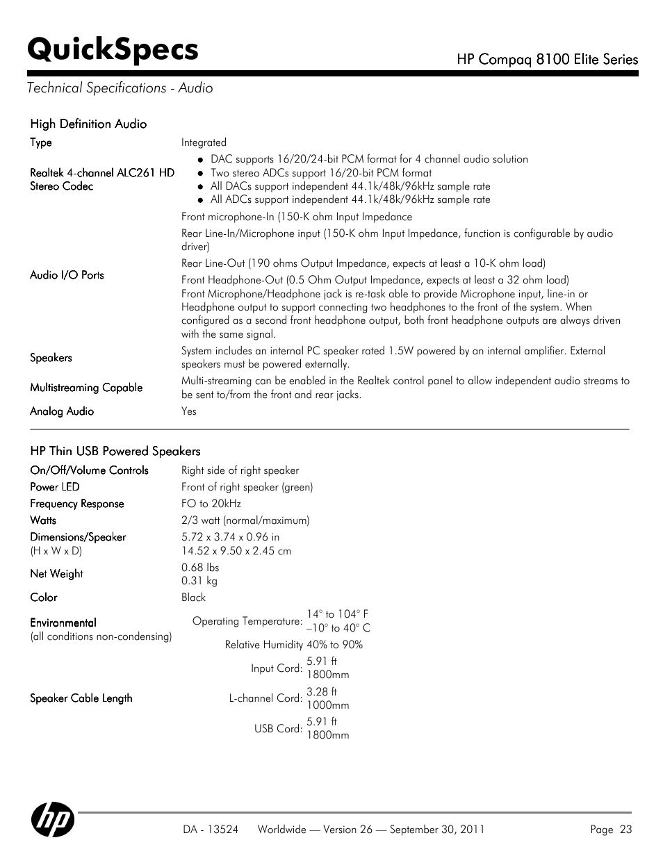 Technical specifications - audio, Quickspecs, Hp compaq 8100 elite series | HP COMPAQ 8100 User Manual | Page 23 / 65