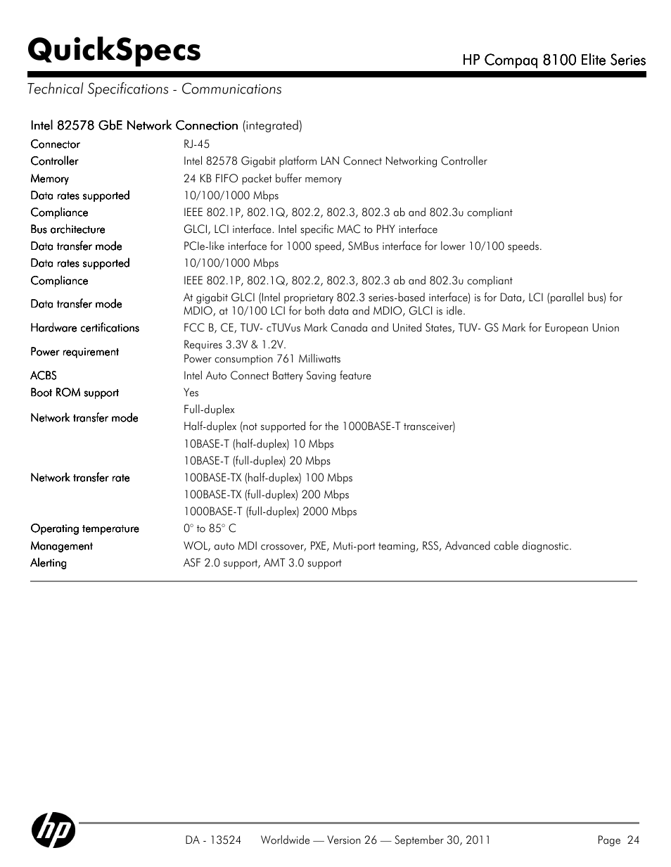 Technical specifications - communications, Quickspecs, Hp compaq 8100 elite series | HP COMPAQ 8100 User Manual | Page 24 / 65