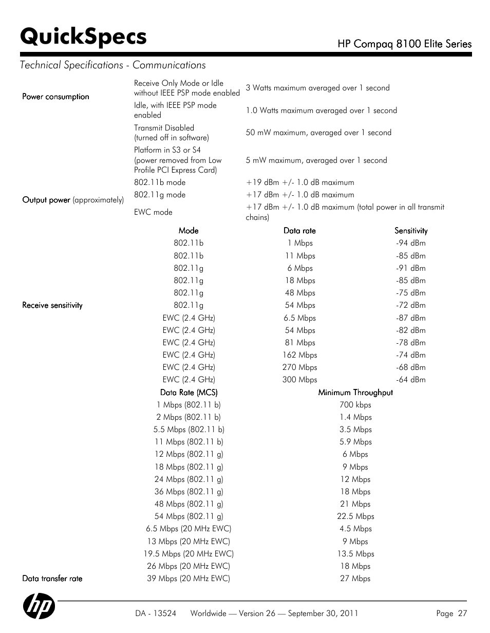 Quickspecs, Hp compaq 8100 elite series | HP COMPAQ 8100 User Manual | Page 27 / 65