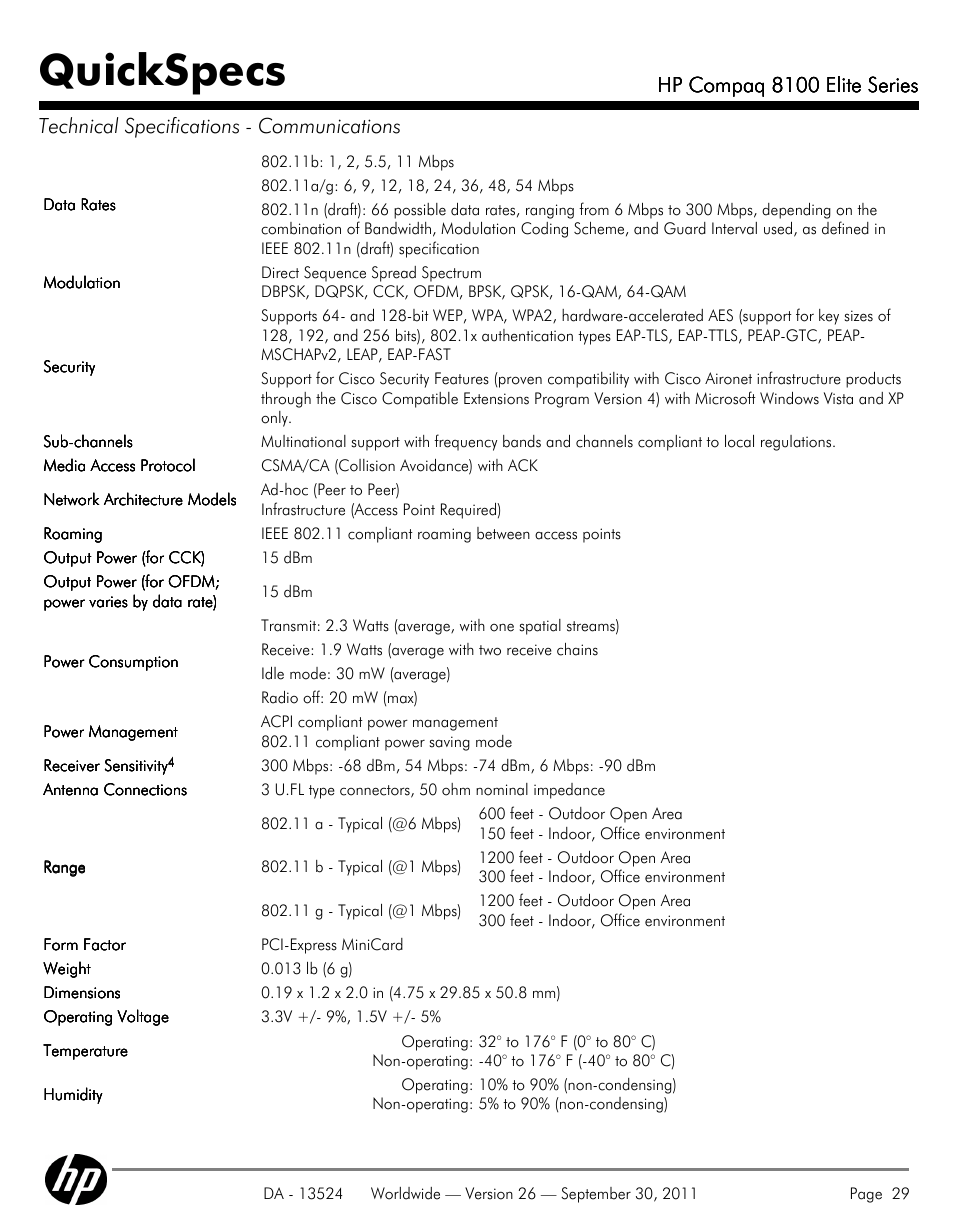 Quickspecs, Hp compaq 8100 elite series | HP COMPAQ 8100 User Manual | Page 29 / 65