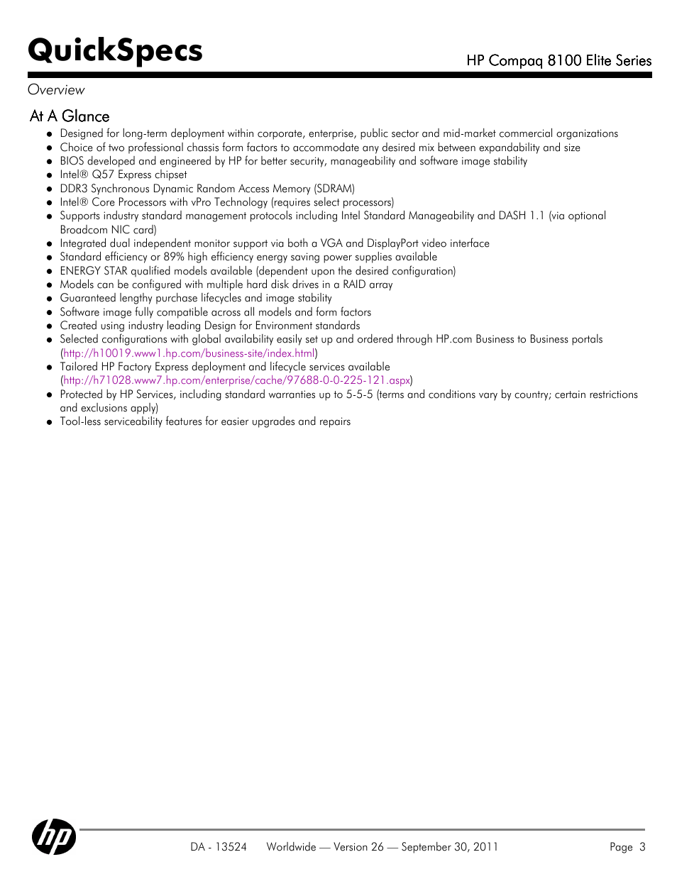 Quickspecs | HP COMPAQ 8100 User Manual | Page 3 / 65