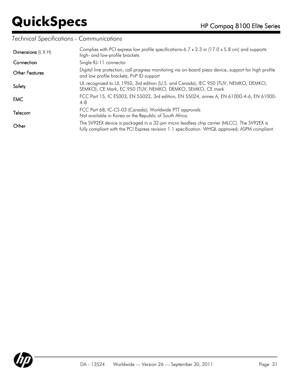 Quickspecs | HP COMPAQ 8100 User Manual | Page 31 / 65