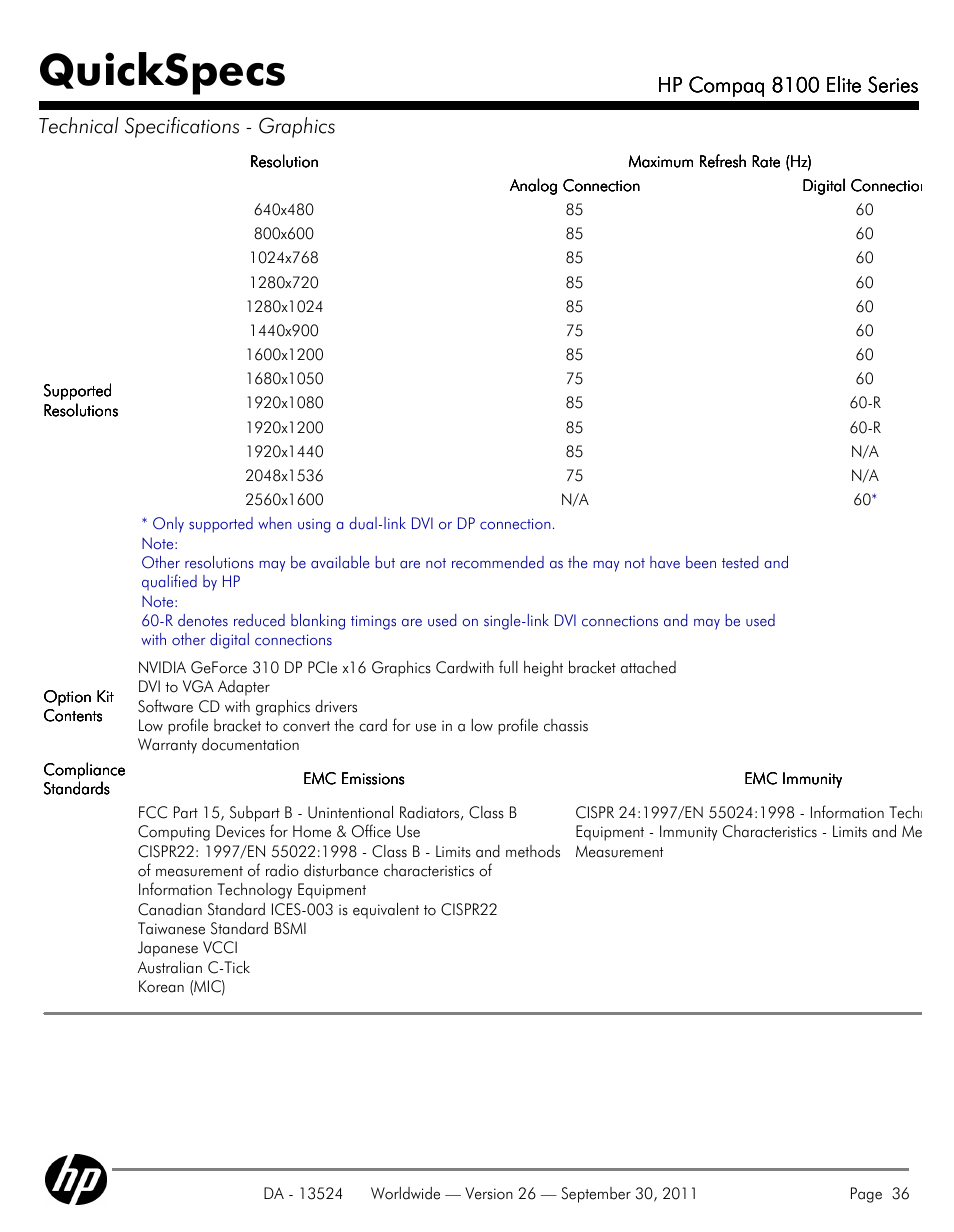 Quickspecs, Hp compaq 8100 elite series | HP COMPAQ 8100 User Manual | Page 36 / 65