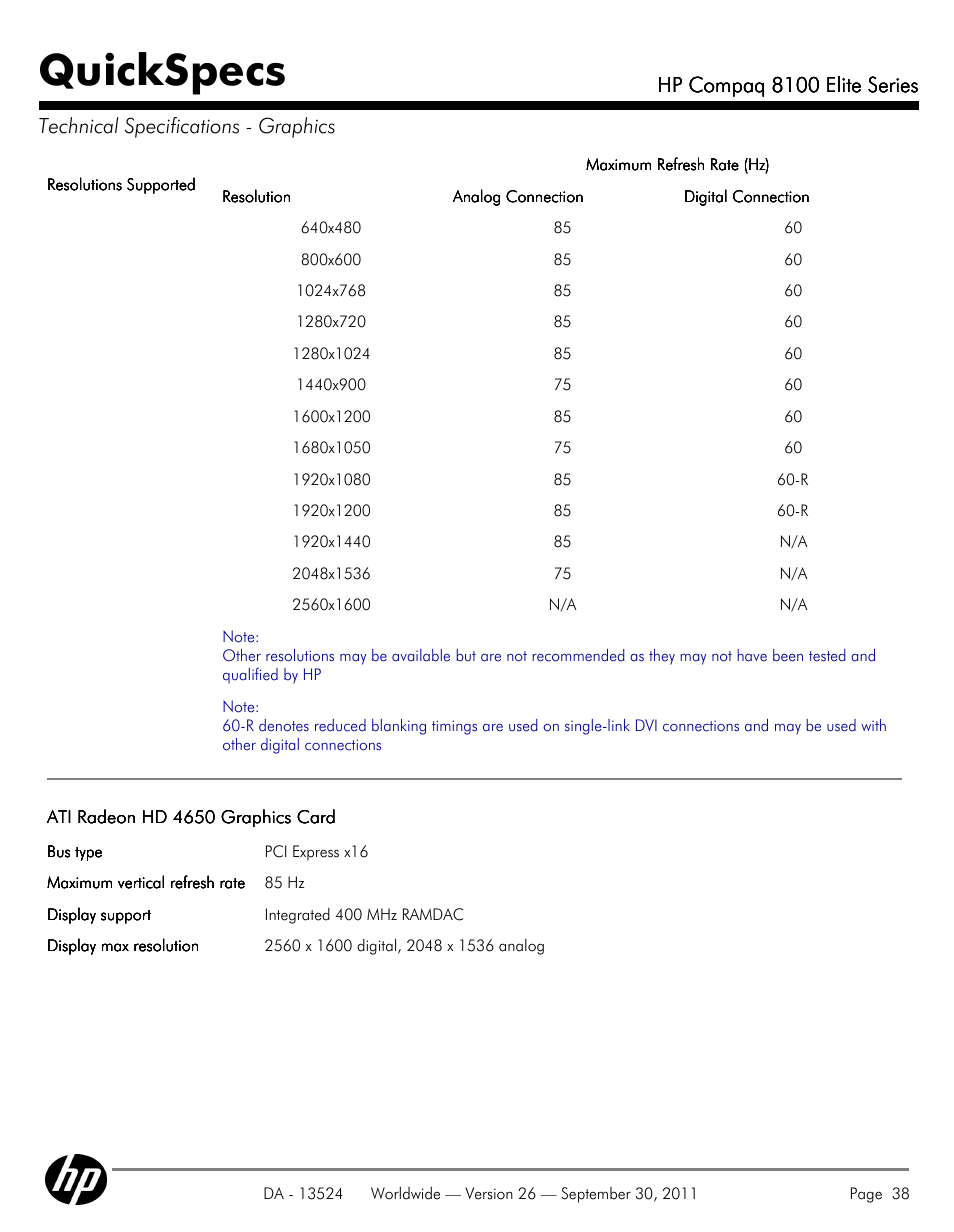 Quickspecs, Hp compaq 8100 elite series | HP COMPAQ 8100 User Manual | Page 38 / 65