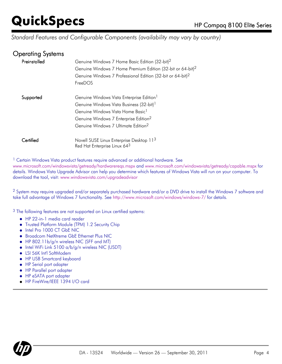 Quickspecs, Operating systems, Hp compaq 8100 elite series | HP COMPAQ 8100 User Manual | Page 4 / 65