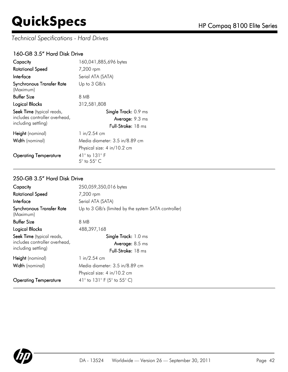 Technical specifications - hard drives, Quickspecs, Hp compaq 8100 elite series | HP COMPAQ 8100 User Manual | Page 42 / 65