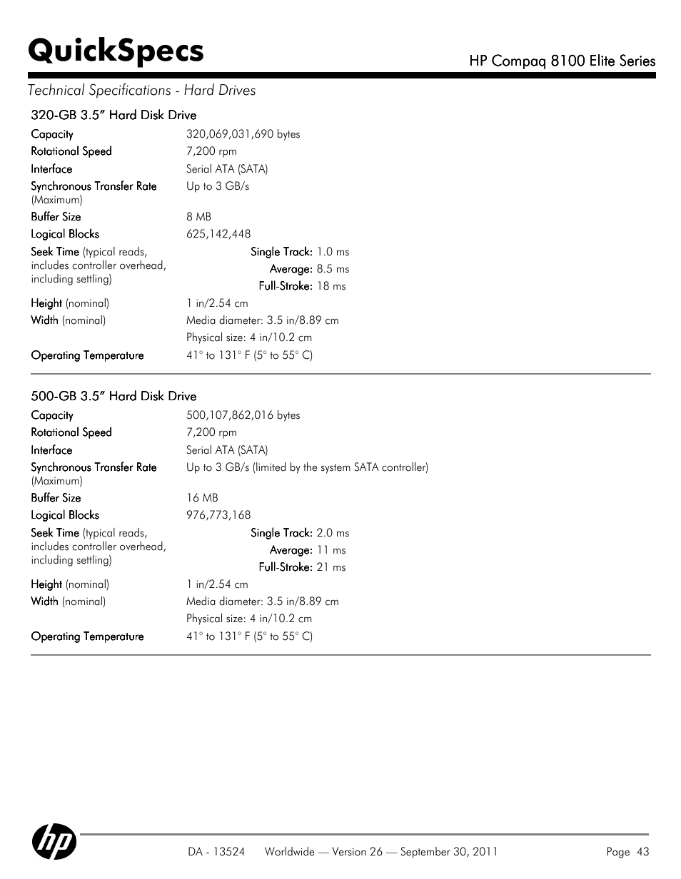 Quickspecs, Hp compaq 8100 elite series | HP COMPAQ 8100 User Manual | Page 43 / 65