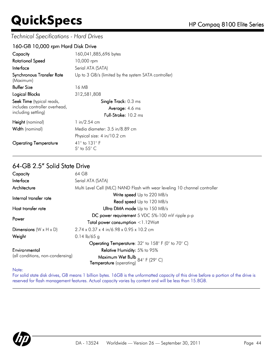 Quickspecs, Gb 2.5” solid state drive, Hp compaq 8100 elite series | HP COMPAQ 8100 User Manual | Page 44 / 65