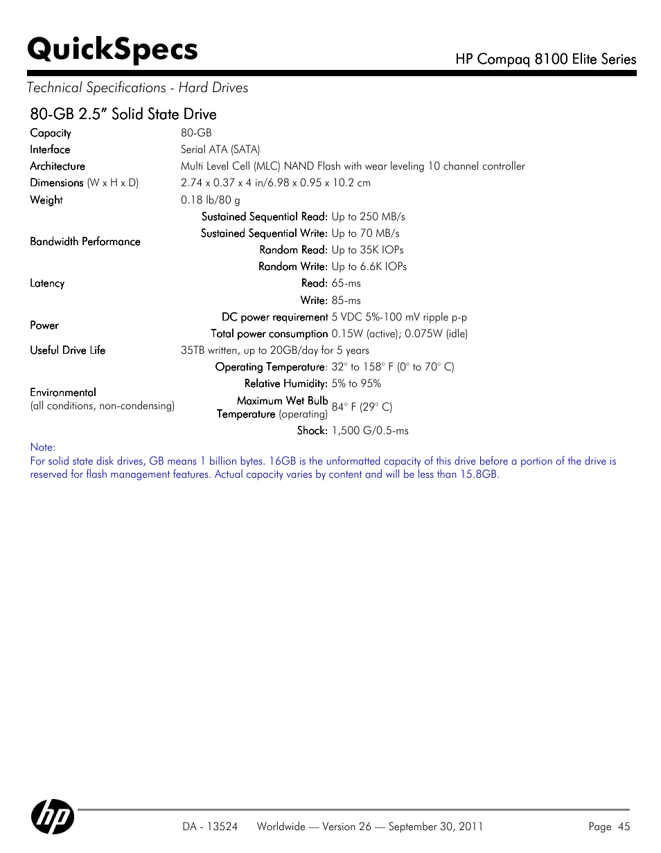 Quickspecs, Gb 2.5” solid state drive | HP COMPAQ 8100 User Manual | Page 45 / 65