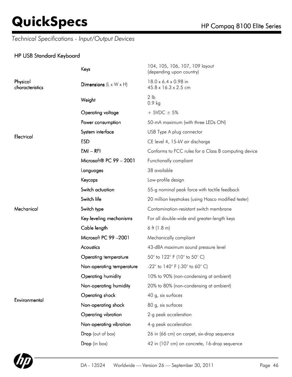 Technical specifications - input/output devices, Quickspecs, Hp compaq 8100 elite series | HP COMPAQ 8100 User Manual | Page 46 / 65