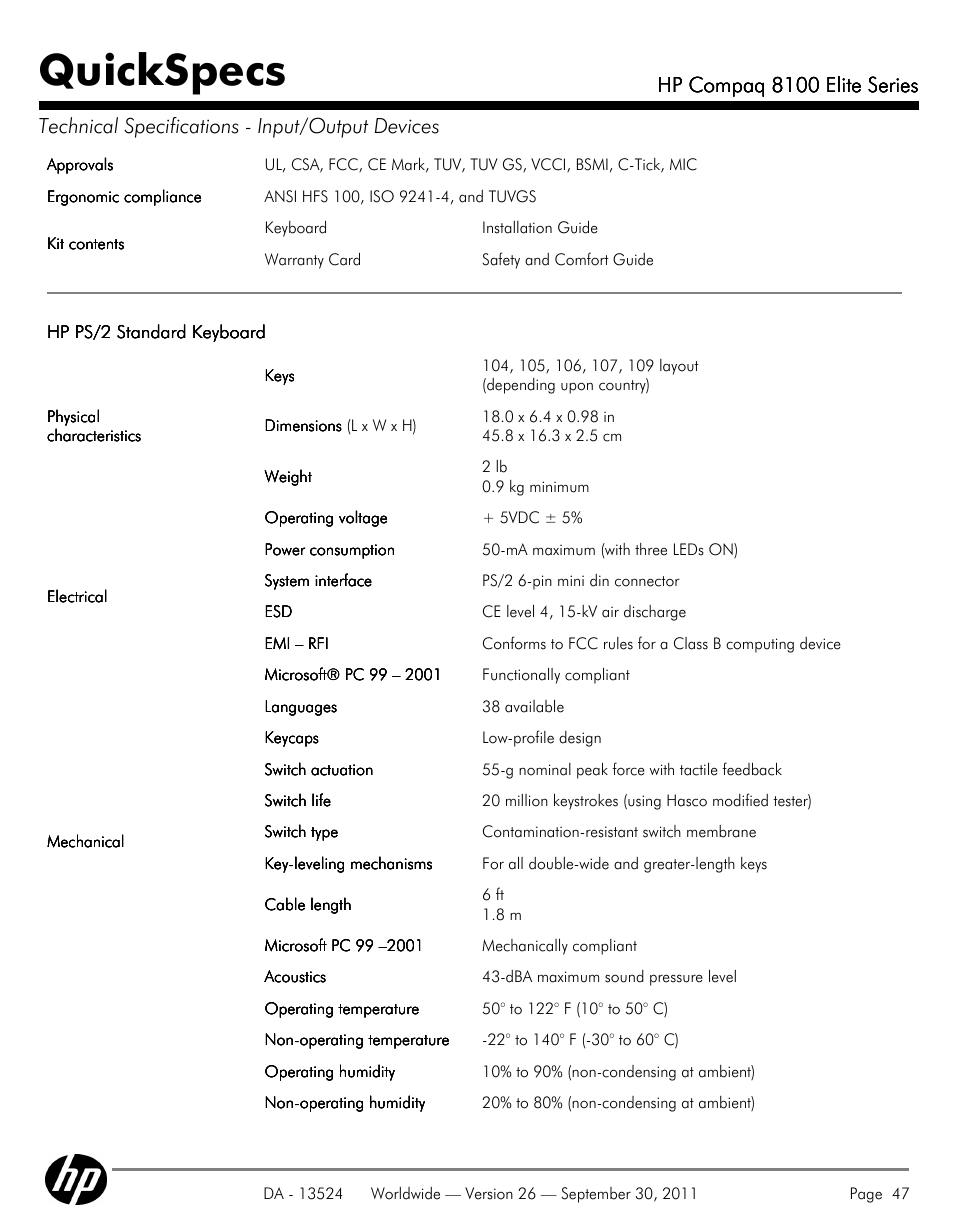 Quickspecs, Hp compaq 8100 elite series | HP COMPAQ 8100 User Manual | Page 47 / 65