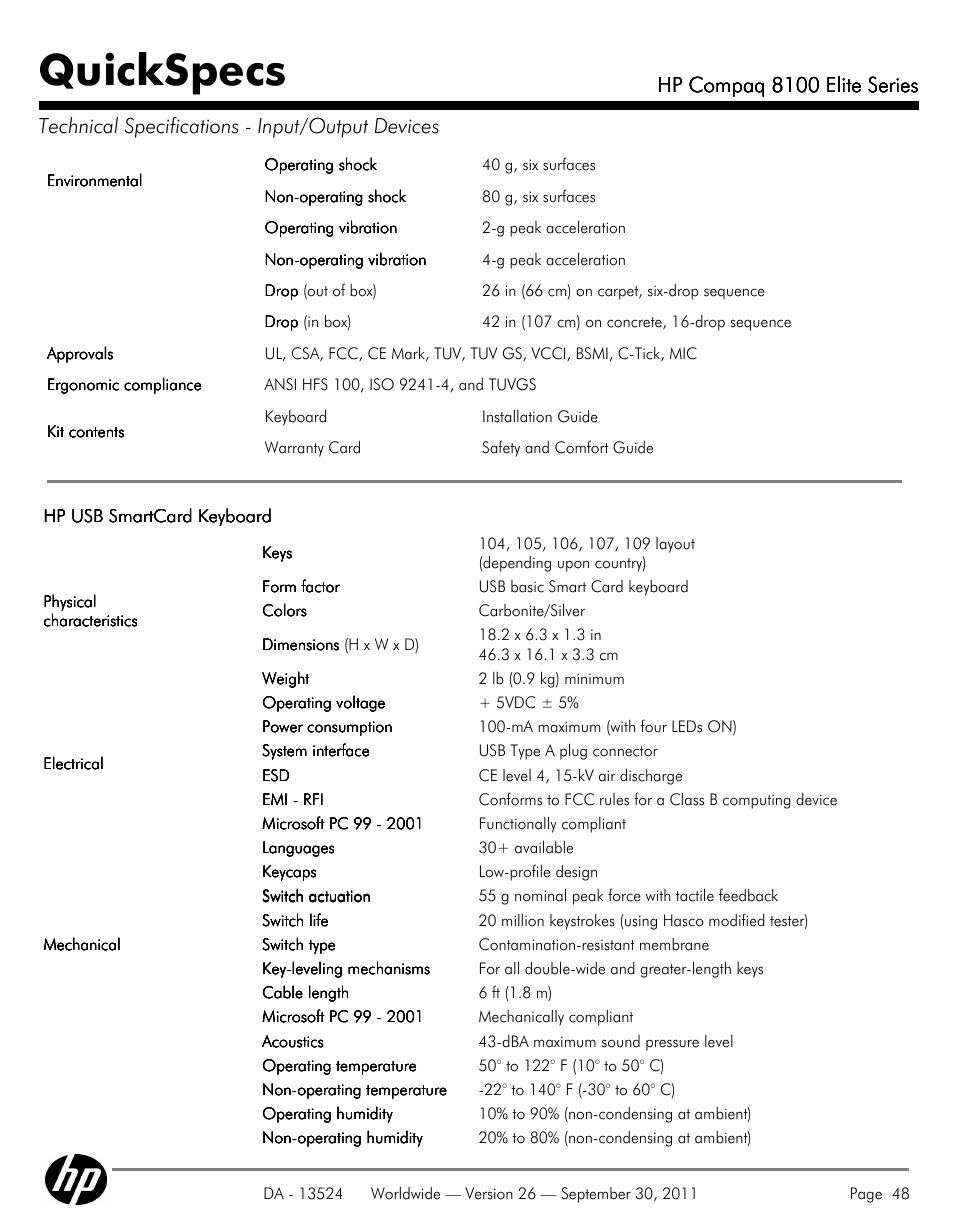 Quickspecs, Hp compaq 8100 elite series | HP COMPAQ 8100 User Manual | Page 48 / 65