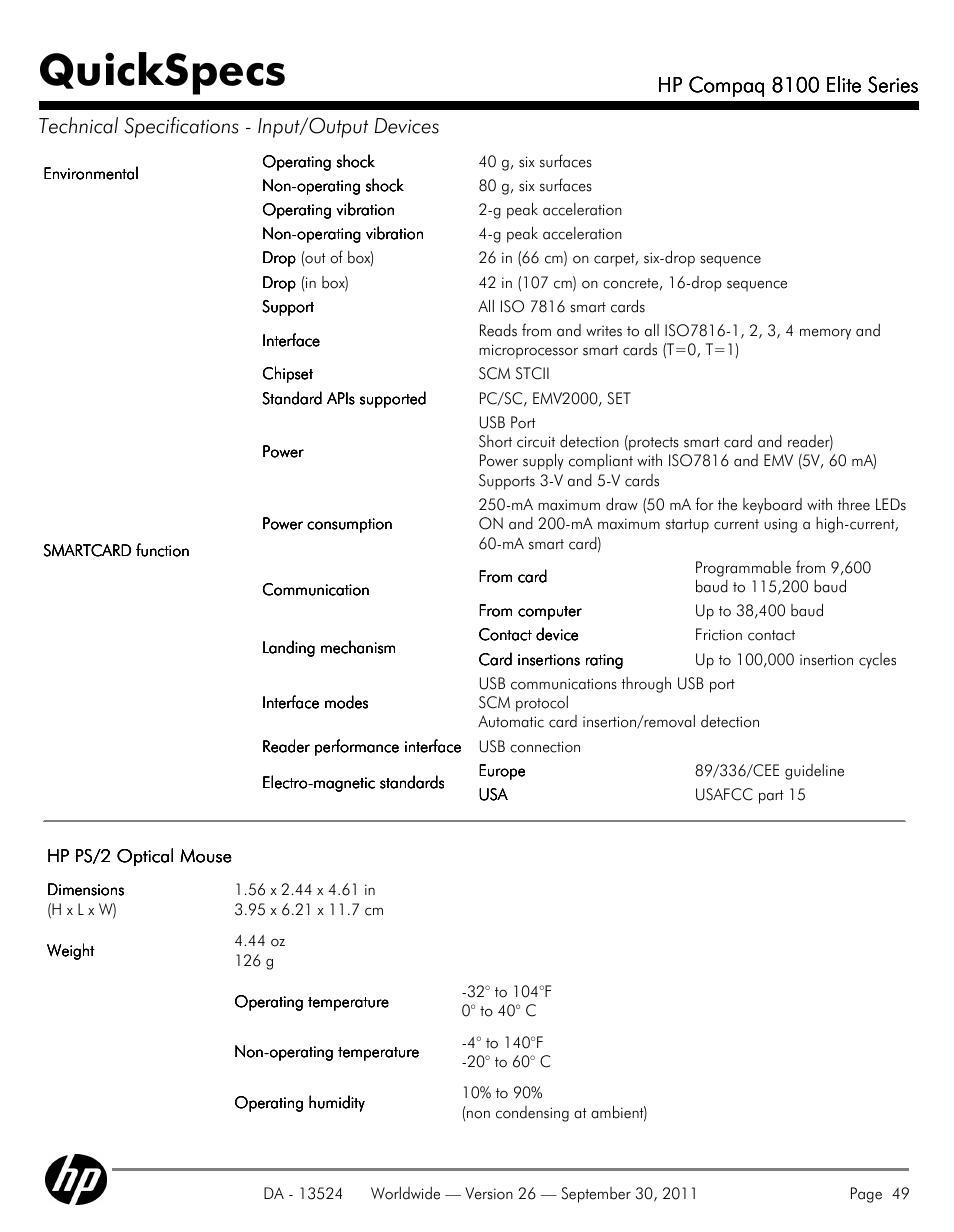 Quickspecs, Hp compaq 8100 elite series | HP COMPAQ 8100 User Manual | Page 49 / 65