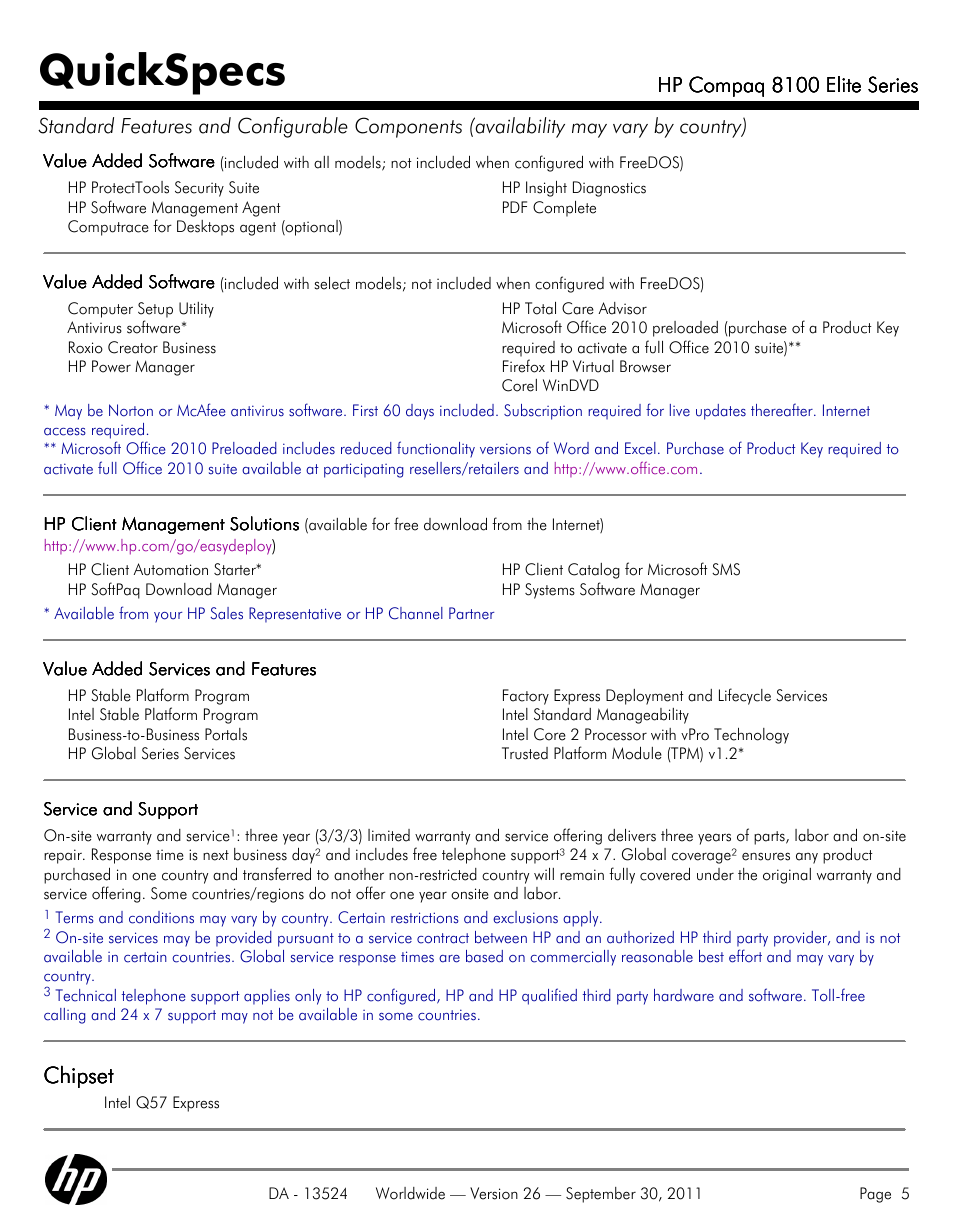 Quickspecs, Chipset | HP COMPAQ 8100 User Manual | Page 5 / 65