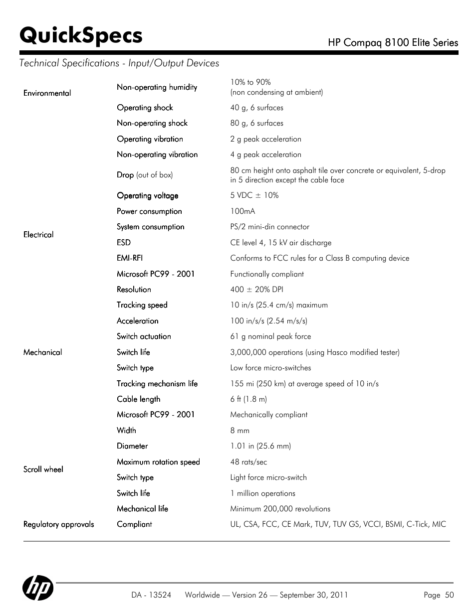 Quickspecs, Hp compaq 8100 elite series | HP COMPAQ 8100 User Manual | Page 50 / 65